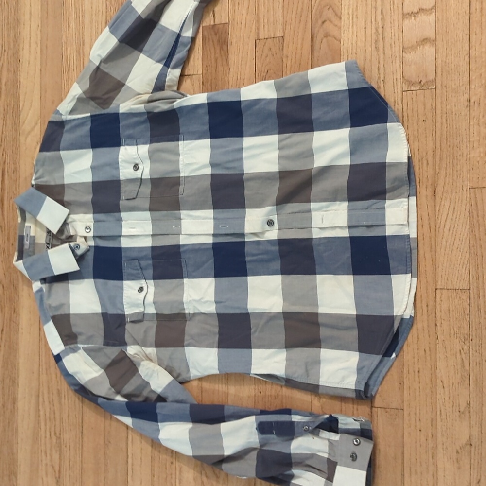 Men's Express fitted button-down blue and white plaid shirt size large
